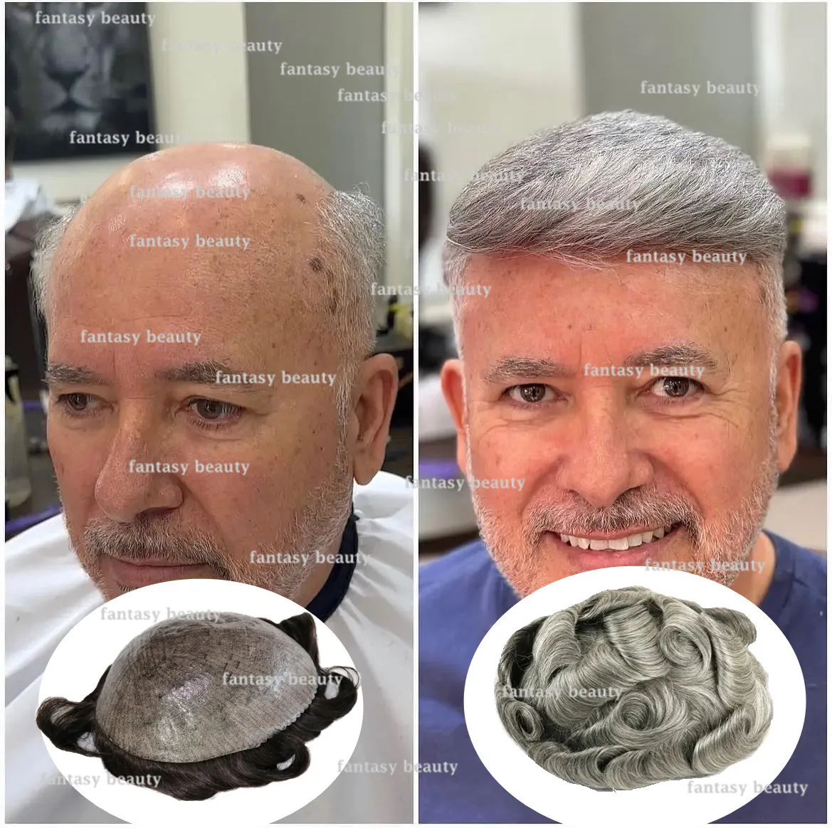 Natural Hairline Grey and while 1B65 Men Toupee Human Hair Wigs Microskin Super Durable Full Skin PU Capillary Prosthesis