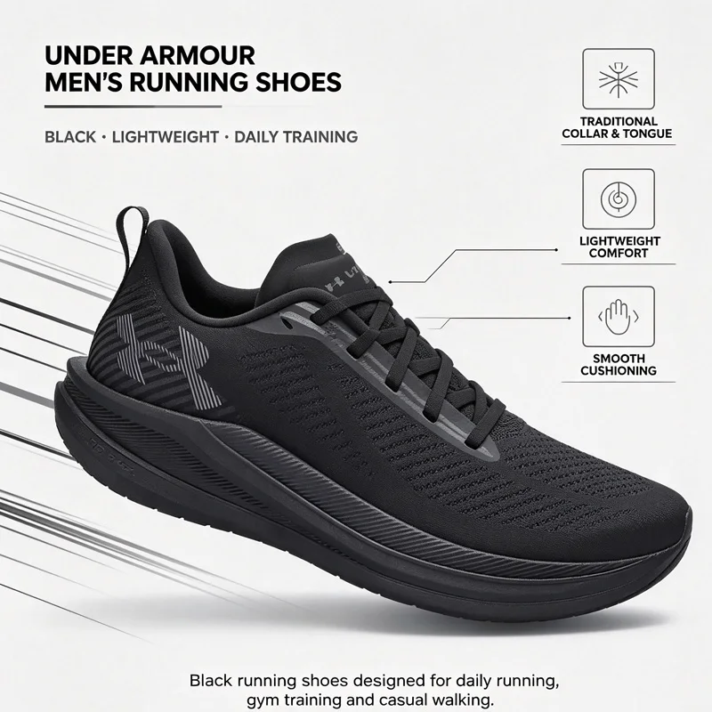 Under Armour Men Running Sneakers 6000007-003 Black Lightweight Comfort Athletic Walking Training Shoes