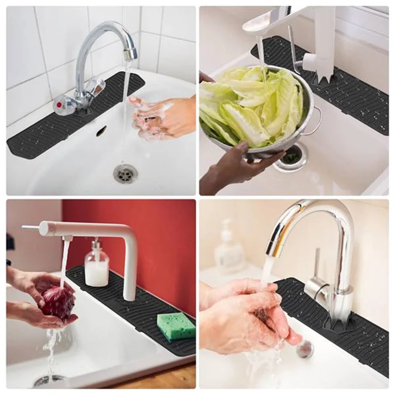 Kitchen Sink Splash Guards Mat Water Guards Catcher Tray Long Silicone Faucet Handle For Kitchen Black