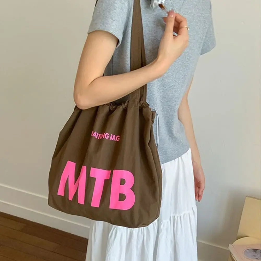 

Fashion Solid Color Drawstring Bags Light Weight Large Capacity Letter Shoulder Bag Shopping Nylon Tote Bags Handbag