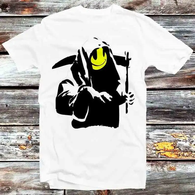 Banksy Happy Smiling Grim Reaper T Shirt Vintage Retro Gift Mens Womens Unisex Cartoon Anime Top Tee B1211