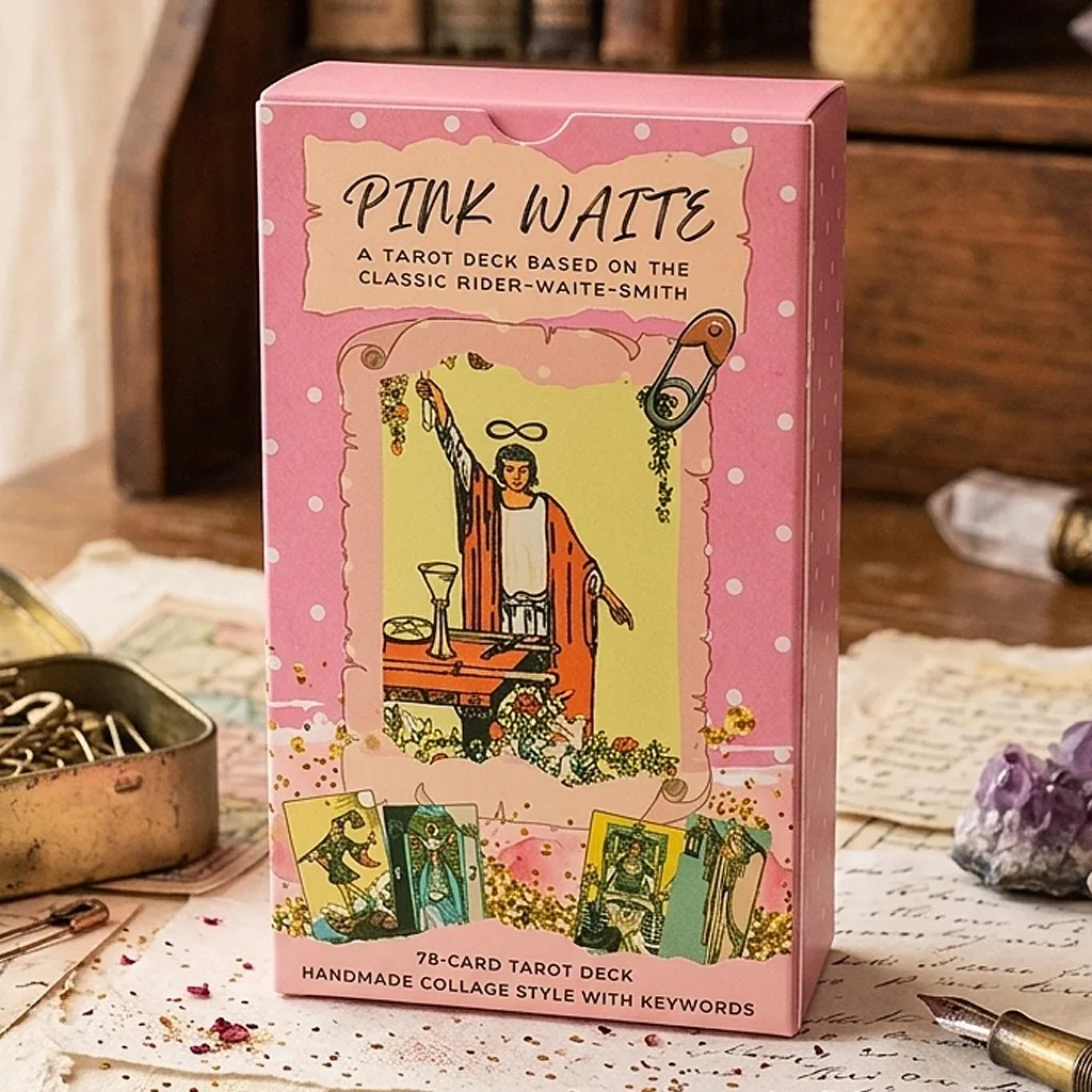 Pink Waite Tarot, The Dreamy Pink Collage Tarot Deck, 78  Aesthetic Kawaii Tarot Cards with Meanings 12*7cm, Double-embossed