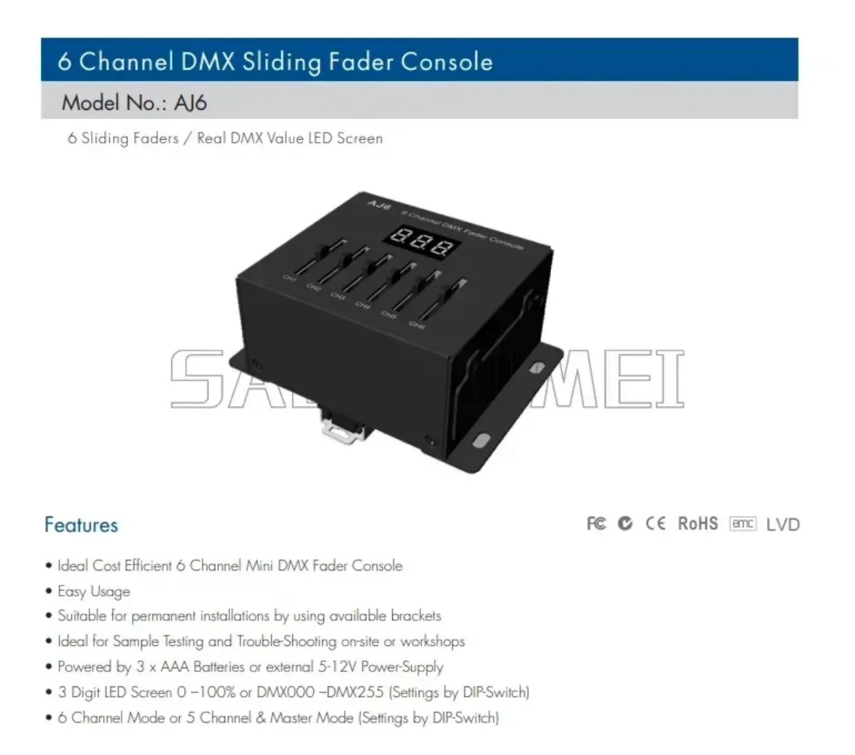 AJ6 Skydance 5-24VDC or 3xAAA Battery Controller Wiring Dip-Switch For Lights 6 Channel DMX Sliding Fader Console Master DMX512 - view 5