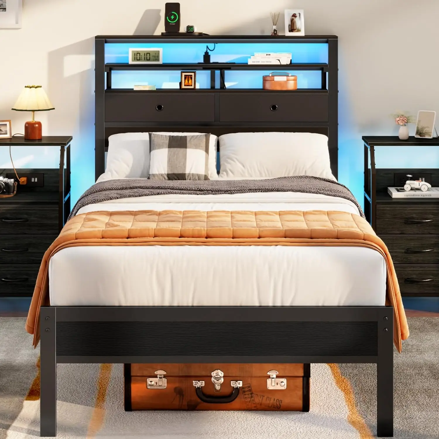 

Twin Bed Frames with Charging Station and LED Lights, Wood Headboard with 2 Fabric Drawers and Storage Shelves, Twin Si