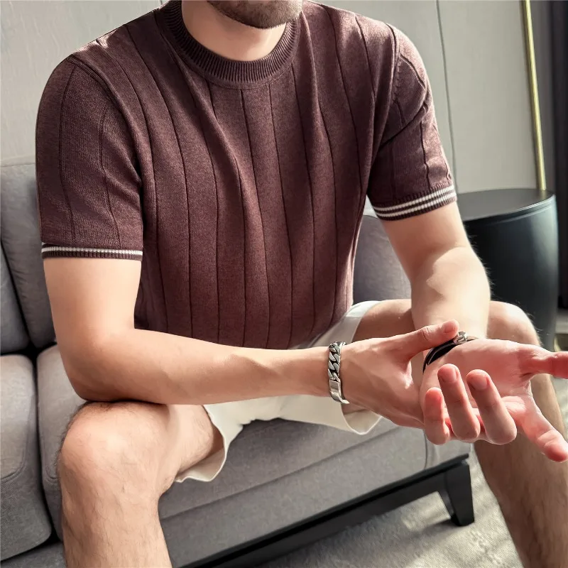 Summer Thin Short Sleeved T-shirt Solid Color Stripe Loose Casual Top High Stretch T-shirt Fashion High Quality Men Clothing