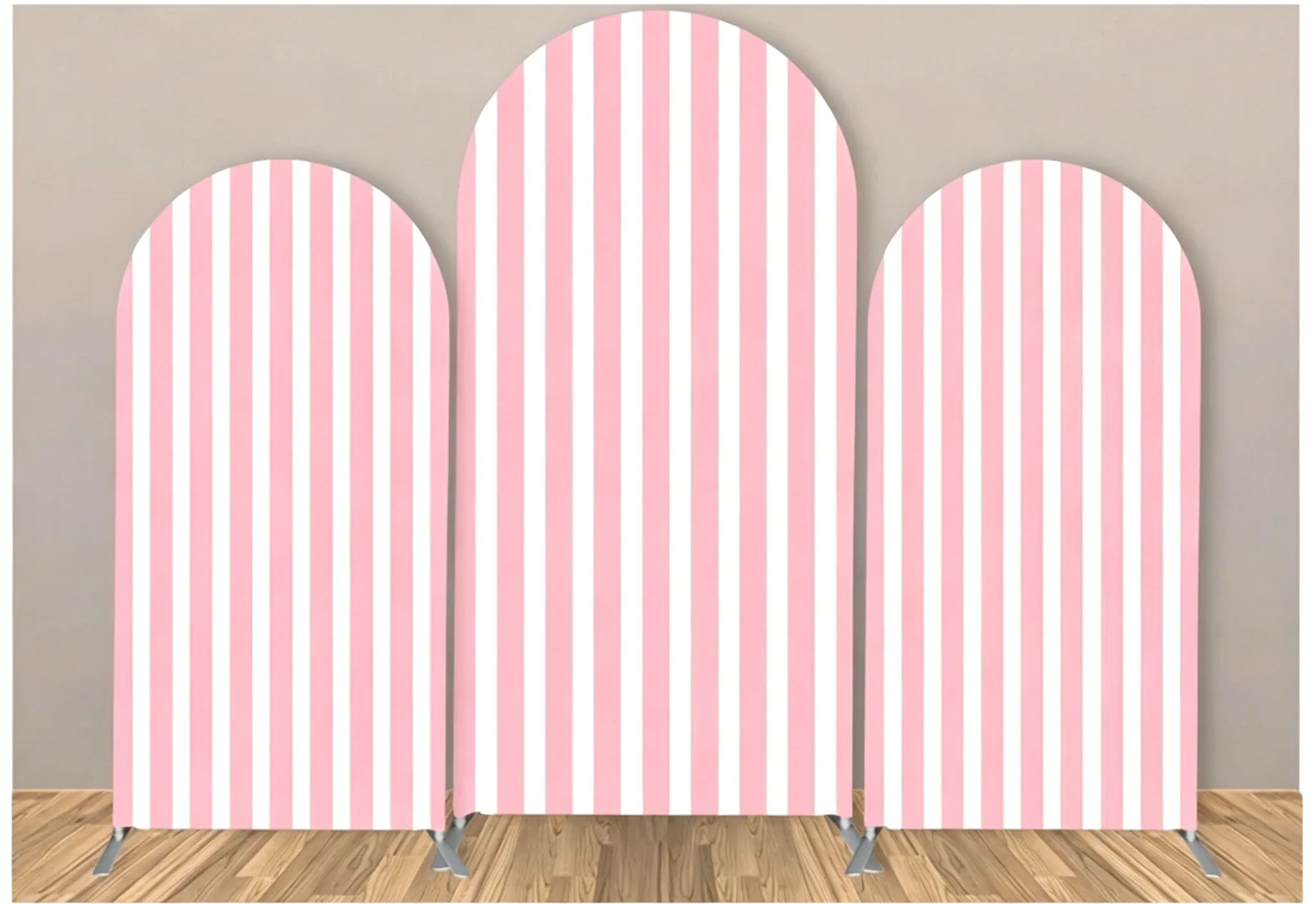 Housse d'arche personnalisée à rayures roses et blanches double face pour baby shower, décoration de fête d'anniversaire avec nom et âge, toile de fon