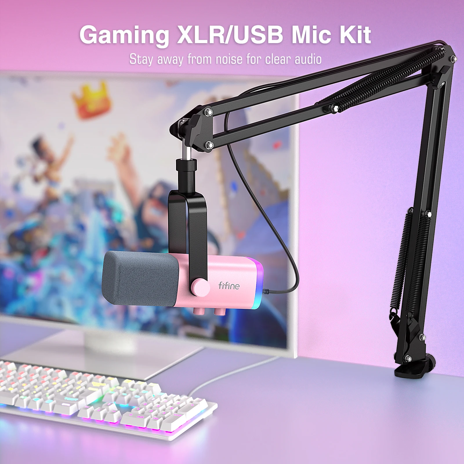 Imagem -02 - Fifine-kit Microfone Dinâmico com Botão de Ganho Monitor Rgb Braço Boom Conjunto de Microfone para pc Ps5 Ps4 Mixer Consola de Jogos Usb Xlr Rosa Am8tp