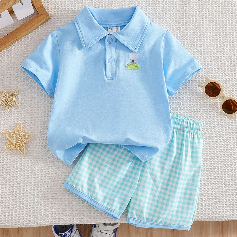 

2Piece Summer Baby Boy Clothes Korean Casual Cartoon Short Sleeve Cotton Blue Tops+Plaid Shorts Kids Clothing Children Sets B198