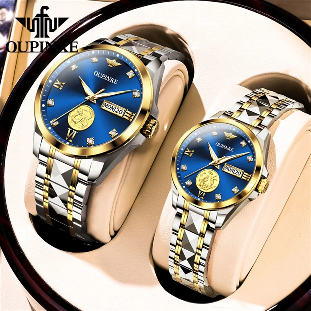 OUPINKE Real Gold Dragon &Phoenix Couple Watches Luxury Import Japan Movement Fully Automatic Mechanical Watches for Men& Women