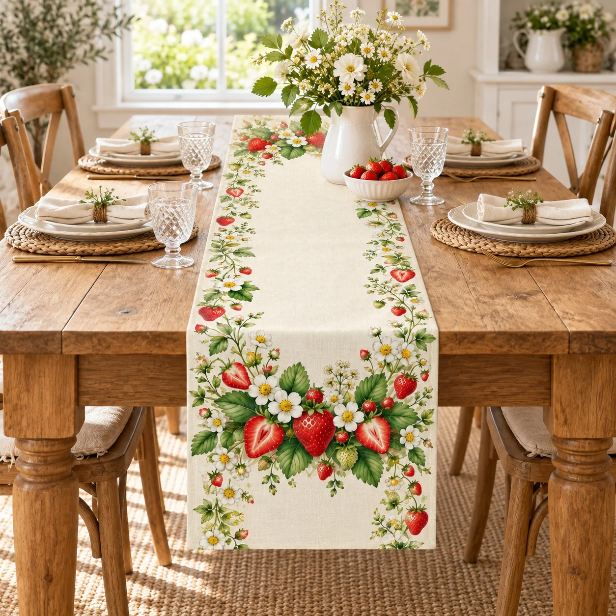 Strawberry Floral Wedding Table Runner Rustic Fruit Table Flag Farmhouse Dining Decor Party Home Kitchen Decoration