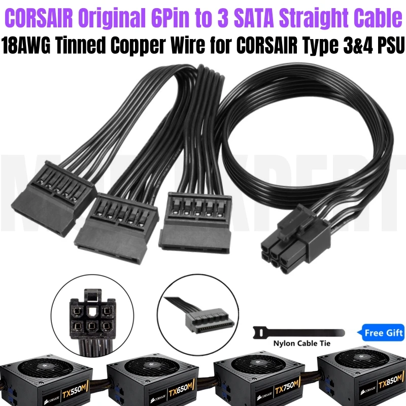 Original CORSAIR 6Pin to 3 SATA Male Straight Hard Drive HDD SSD Power Cable for TX850M TX750M TX600M TX550M Type 3 Modular PSU