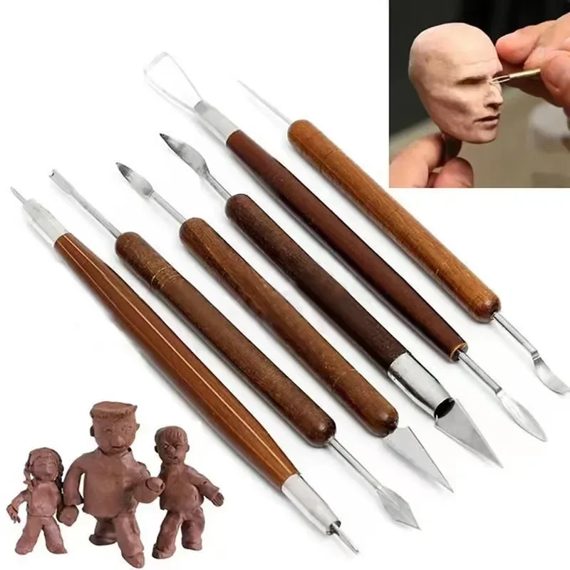 6PCS Sculpting Tool Pottery Wood Handle Set Wax Carving Sculpt Smoothing Polymer Shapers Pottery Clay Ceramic Tool Accessories