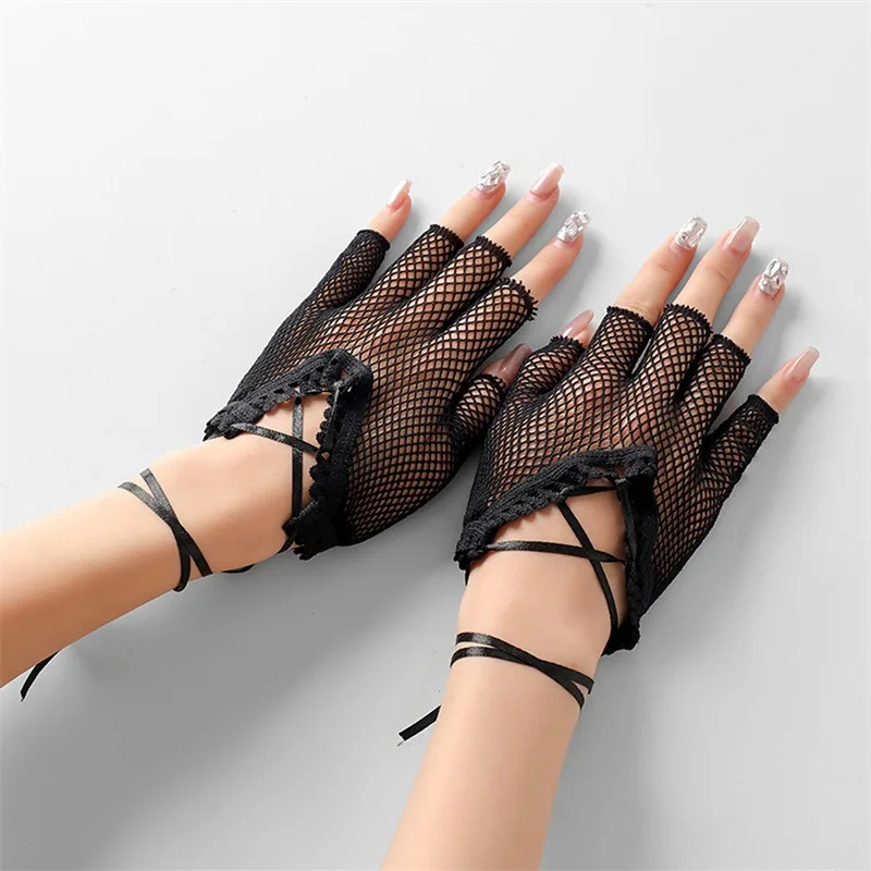 Mesh Lace Long Fishnet Gloves Black Halloween Women Sexy Fingerless Gloves Girls Dance Gothic Punk Rock Festival Gloves Mittens