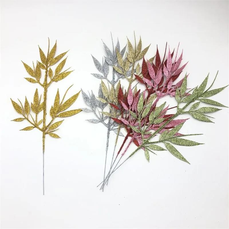 3pcs Extended Golden Pink Bamboo Leaves Christmas Flowers Christmas Tree Decoration Scene Layout Simulation Plant Golden Leaves