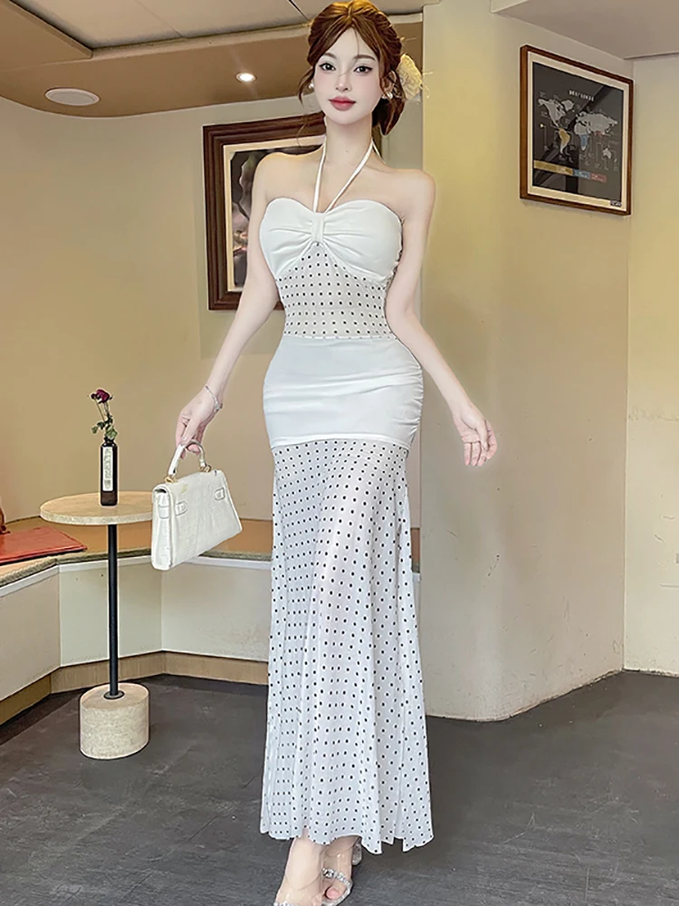 Women Korean Vintage Bodycon Long Dress Summer White Patchwork Mesh Hollow Out Sheer Dress 2026 Elegant Bow Chest Wrapping Dress