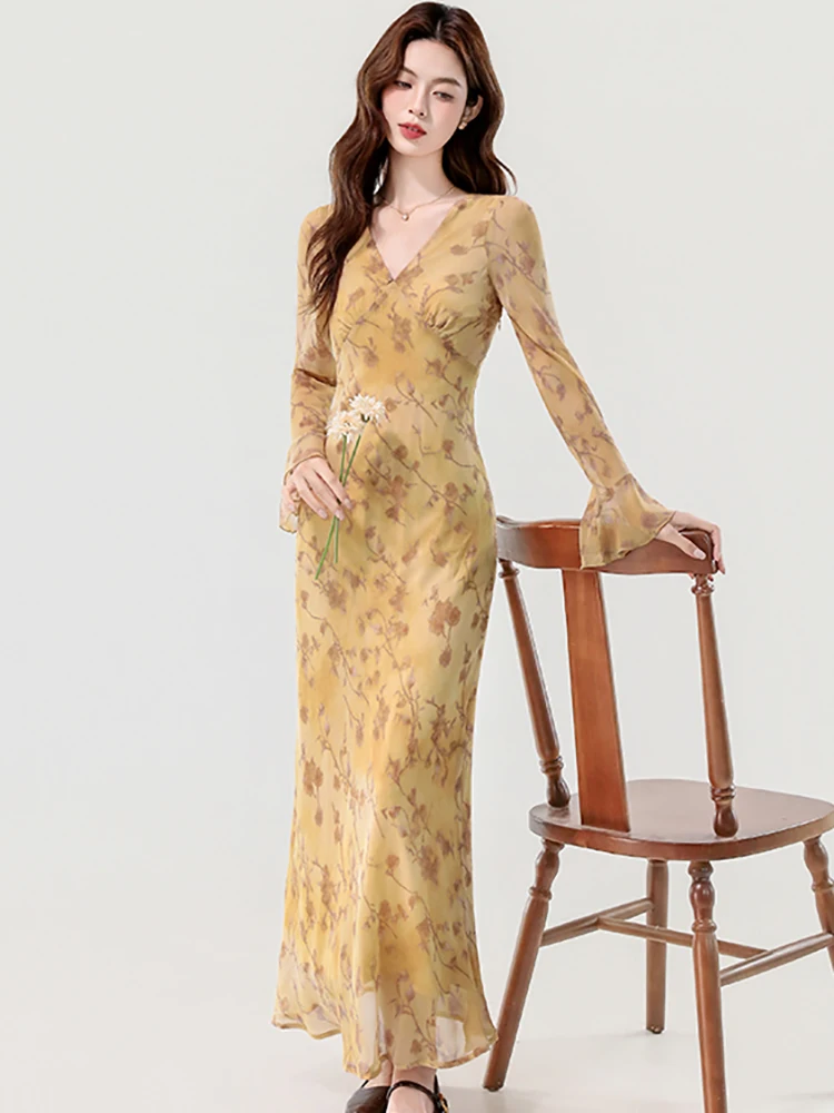 2025 Boho Floral Chiffon Long Sleeve V-Neck Dress Women Elegant Chic Ruffled Long Dress Autumn Korean Fashion Bodycon Prom Dress