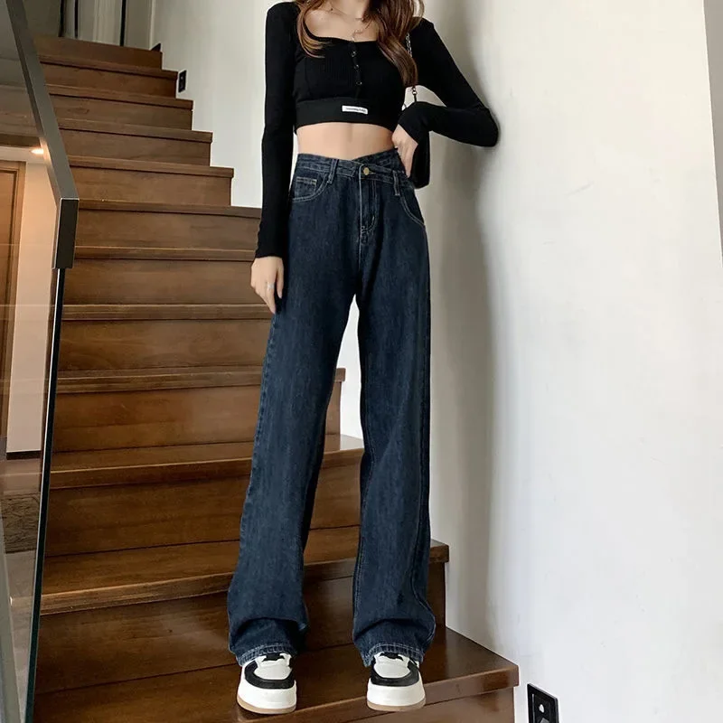 Bluegrey Irregular High-waisted Wide-leg Crossbody Jeans Women's Slimming Casual Loose-fit Straight-leg Dragging Pants