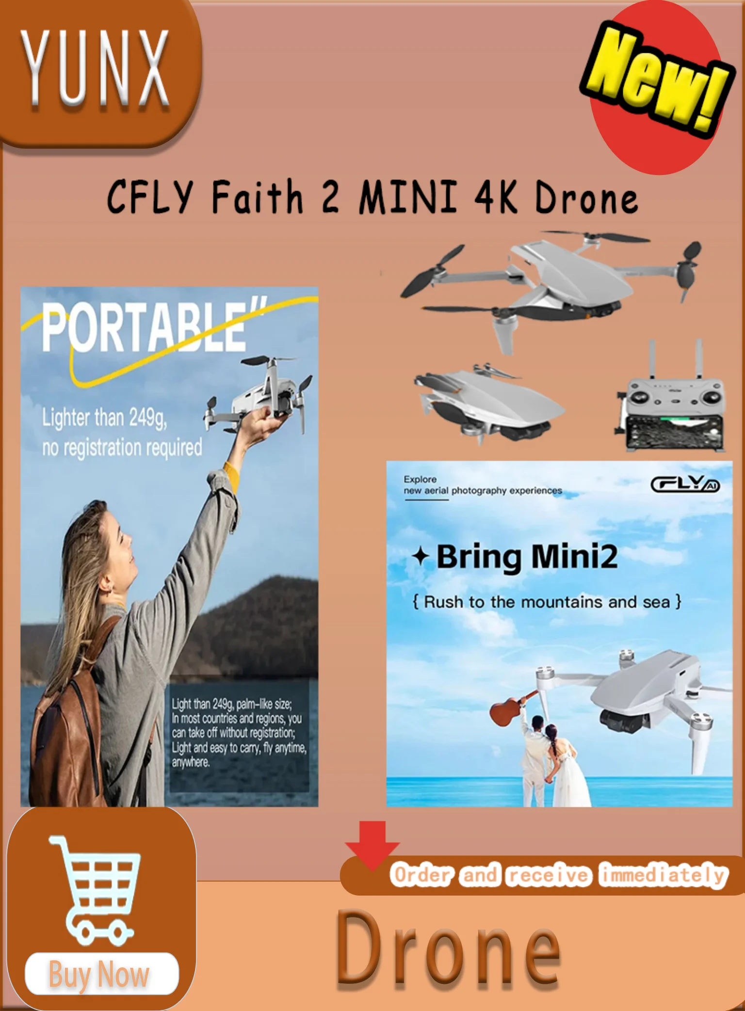 

Дрон YUNX CFLY Faith 2 MINI с камерой 4K HD, 3-осевым стабилизатором, 5G WiFi, GPS, FPV, радиоуправляемый квадрокоптер для аэрофотосъемки и видеосъемки