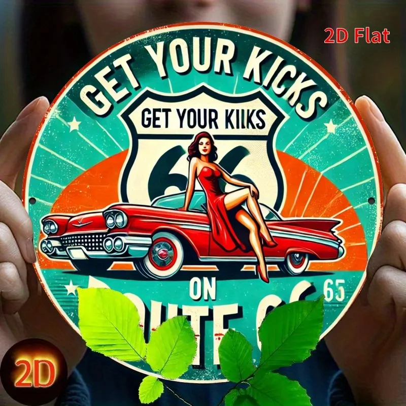 2D Flat, 1pc Vintage Red Car on Route 66 Round Metal Sign - 7.8