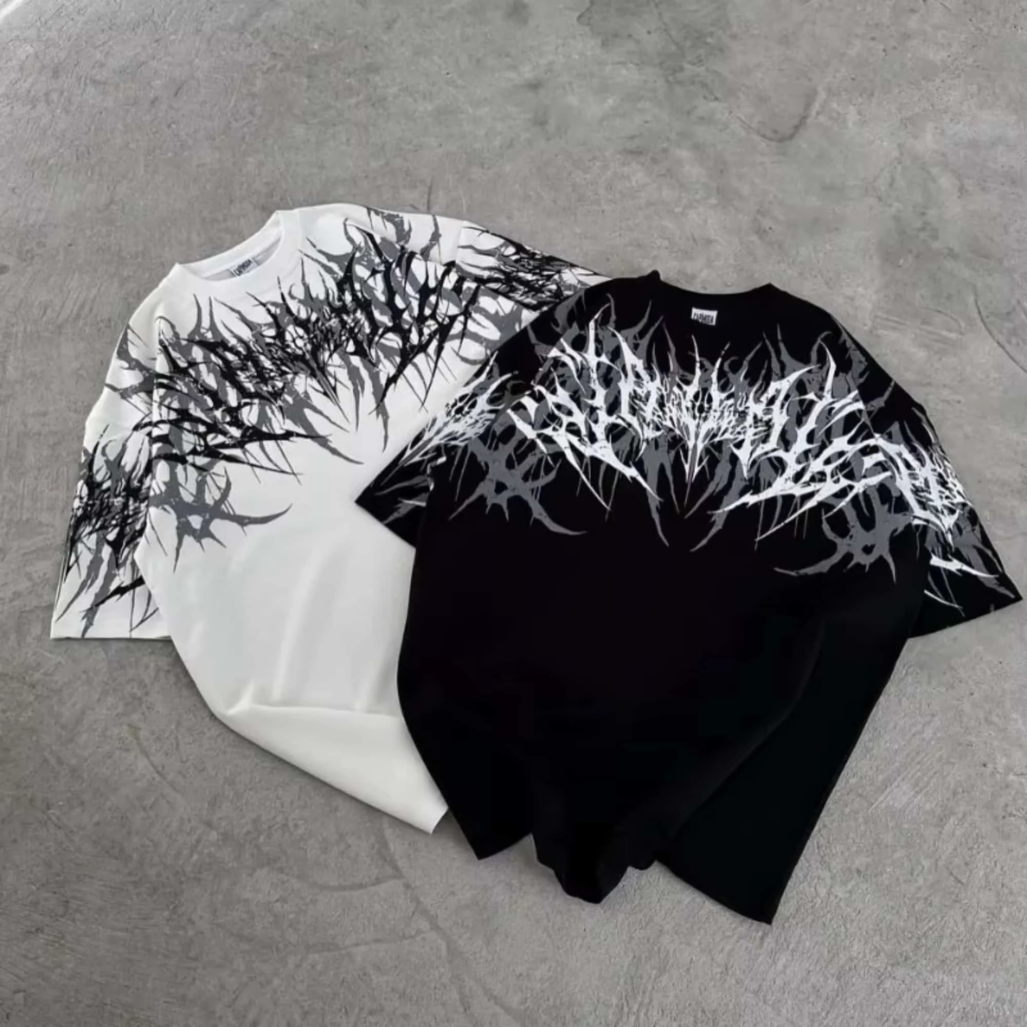 Black Metal Gothic Thorn Print Oversized Tee Men Distressed Darkwave Punk Short Sleeve Loose Street Fashion T-shirt