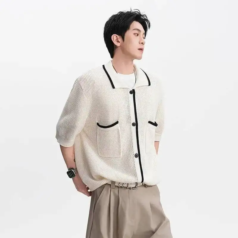 LUZHEN Short 2026 Summer Hollow Color Contrast Outline Sleeve Mesh Shirts Men's Fashion Elegant High Quality Casual Tops JY8038