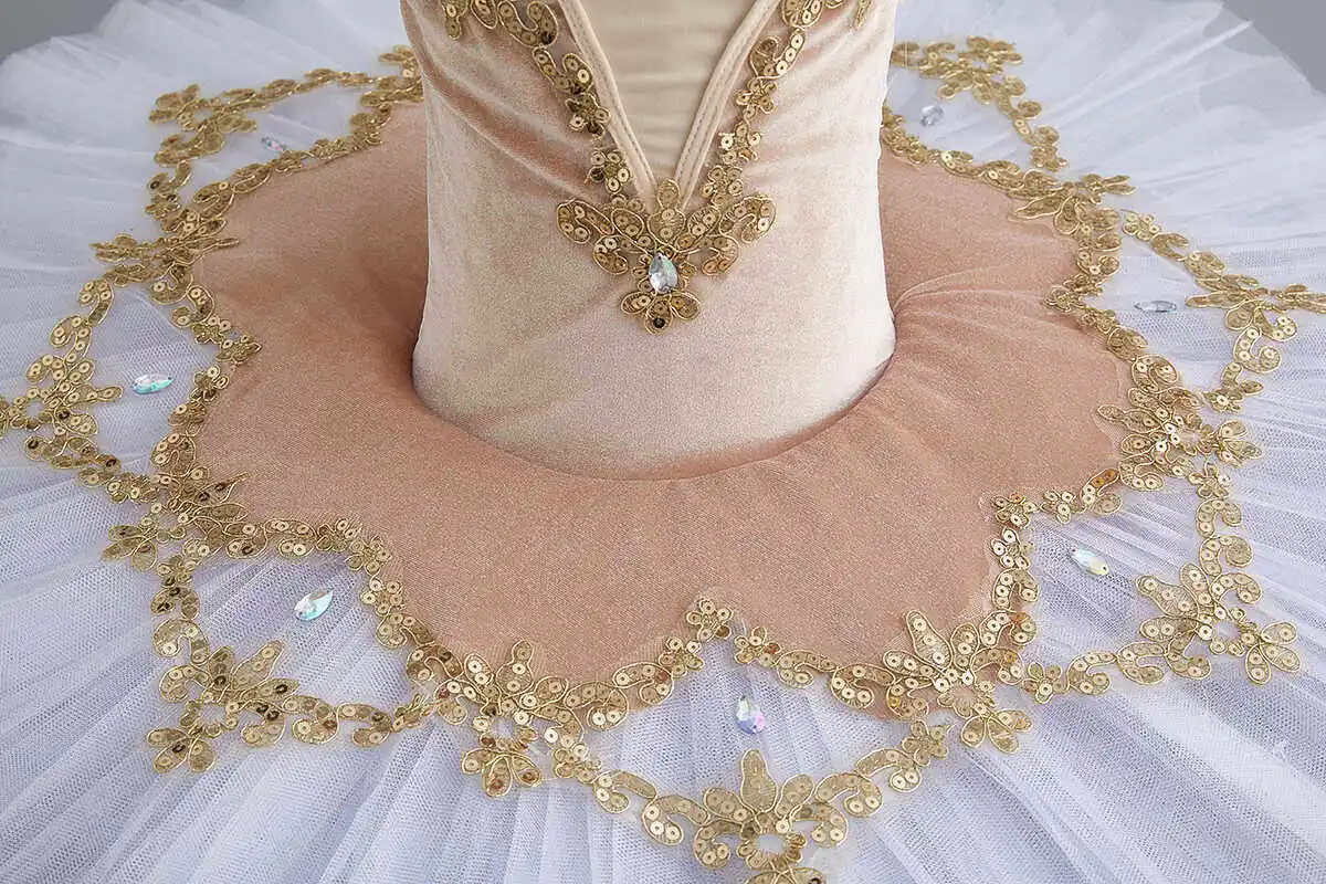 Elegant White Gold Ballet Dance Dress for Girls, Sparkling Tutu Skirt with Champagne, Perfect for Performance and Training