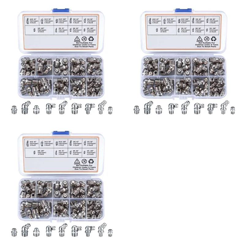 

COSW-180Pcs Metric Grease Fittings Kit, M6 M8 M10 45 90 Degree Hydraulic Grease Zerk Assortment For Angled Grease Mechanical