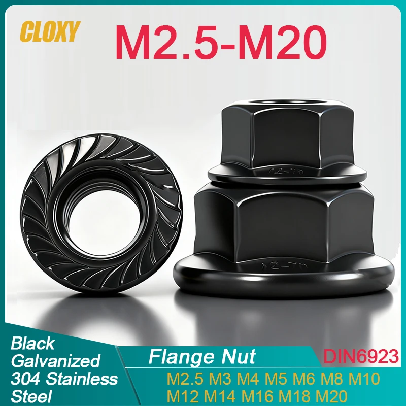 Black Zinc-Plated 304 Stainless Steel/ Hexagon Flange Nut Slip Lock Nut M2.5 M3 M4 M5 M6 M8 M10 M12 M14 M16 M20