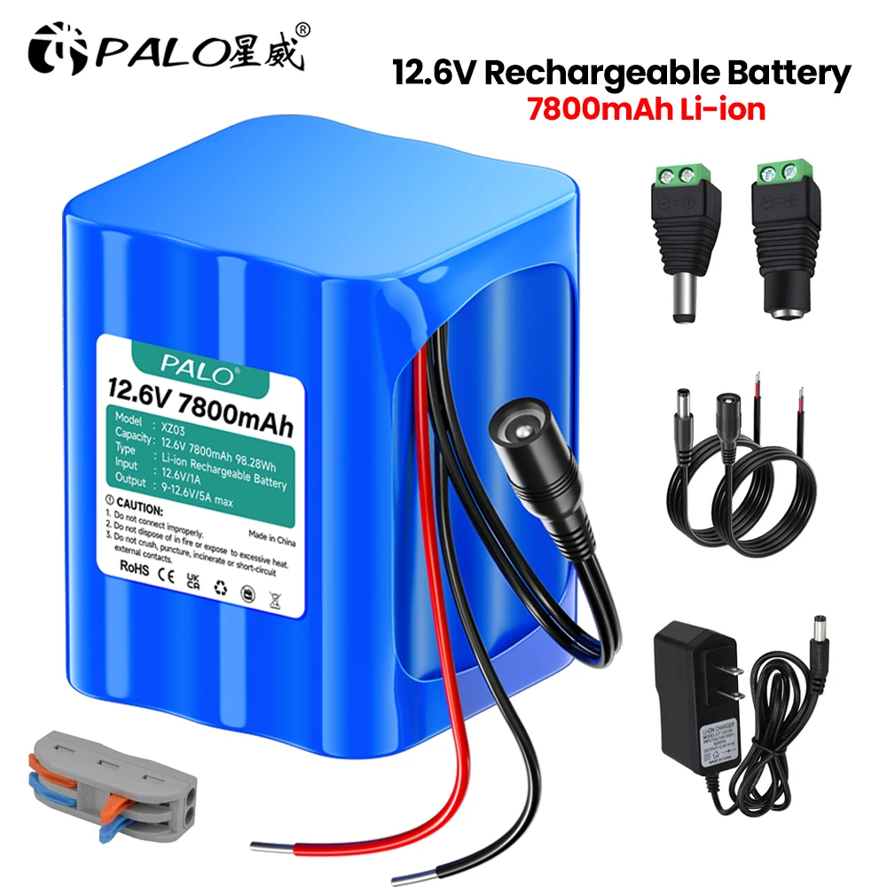 

12.6V Rechargeable Li-ion Battery 7800mAh with Charger for 12V Devices, Robot Toys,RC Car, Solar Panels, DIY, LED Light Strip