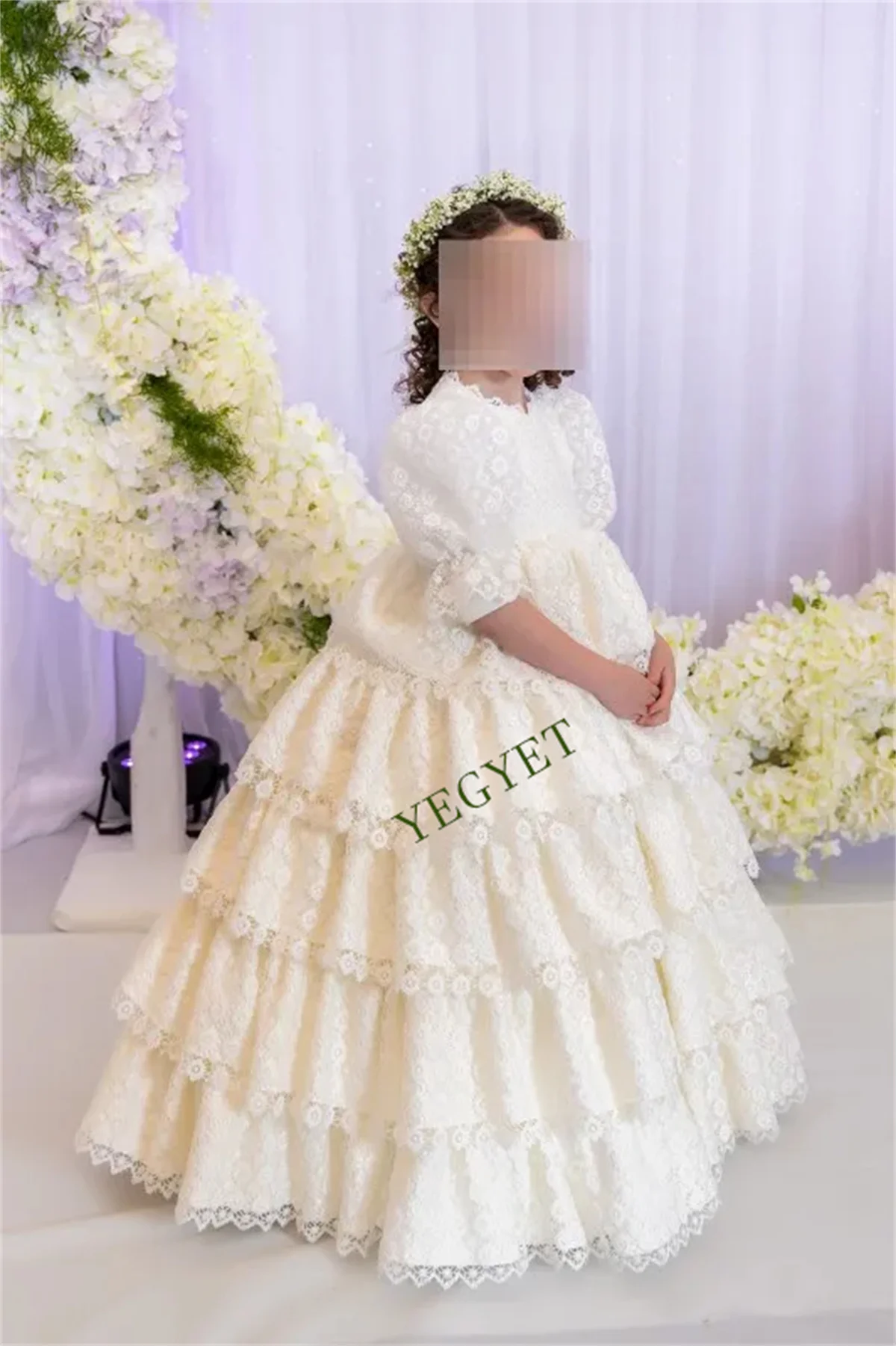 Short Sleeve Lace Girl Gown Flower Girl Dress For Wedding Puffy Balloon Sleeve Pricness Pageant Birthday High Neck Girl Dresses