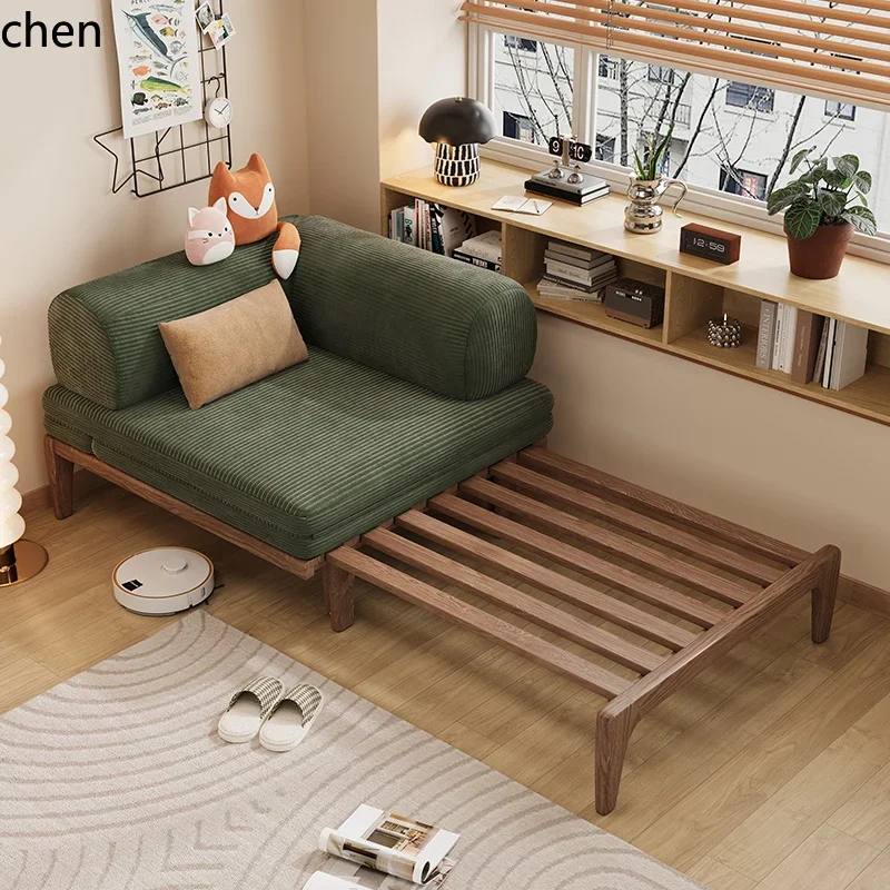 solid wood sofa bed small apartment folding sitting and lying dual-purpose bedroom study pull-out retractable bed
