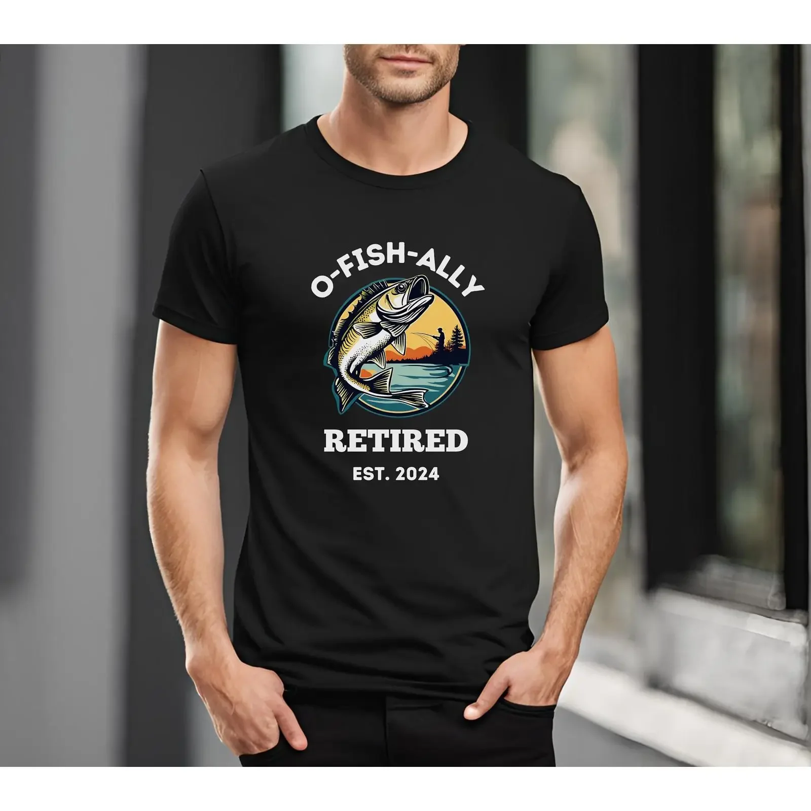 Men's O Fish Ally Retired Est 2024 Funny Fishing T Shirt Casual Retirement for Fisherman Coworkers vintage Washed Slightly