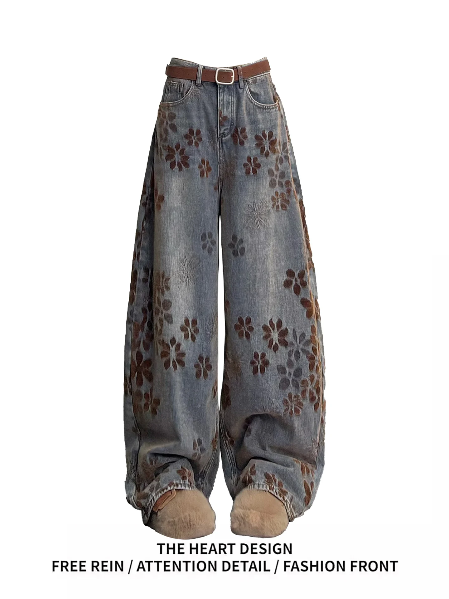 

Широкие джинсы с вышивкой в американском стиле ретро, женские свободные брюки прямого кроя, осень-зима, новый дизайн, эффект похудения