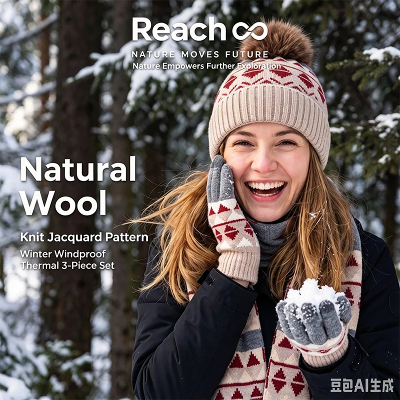 Winter Outdoor Jacquard Knitting Three Piece Set Wilderness Adventure Cold Protection Keep Warm Glove Travel Five Finger Glove