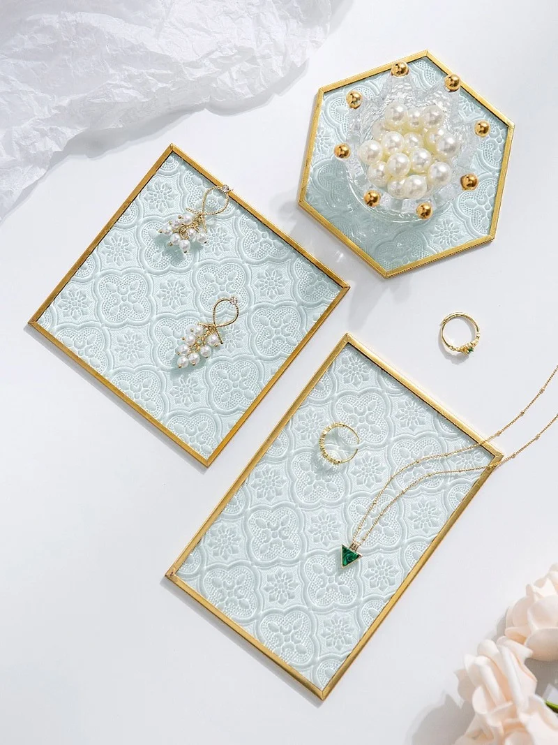 Vintage Embossed Begonia Flower Glass Mat Jewelry Cosmetics Dessert Photography Shooting Props Photography Decorative Ornaments