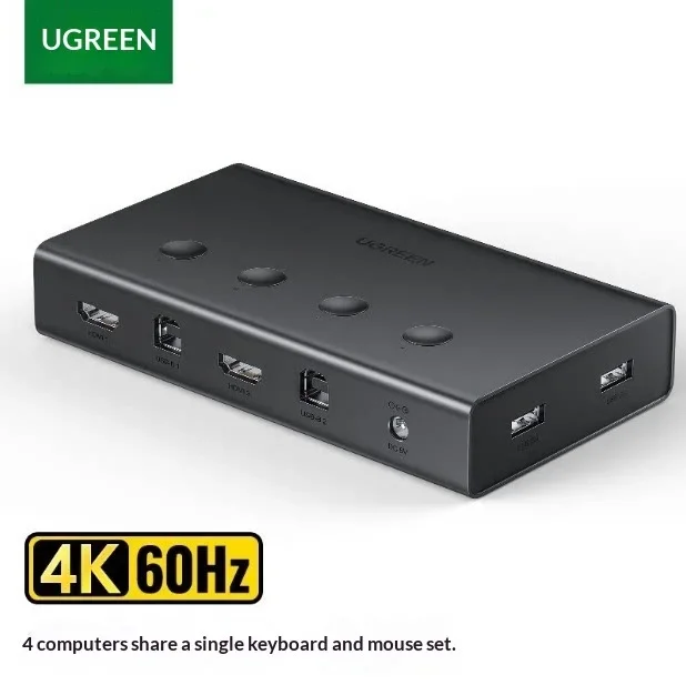 UGREEN 70439 HDMI 2.0 KVM Switch CM293 4 In 1 Out 4K 60Hz USB Keyboard Mouse Sharing Button Selector for 4 Computers