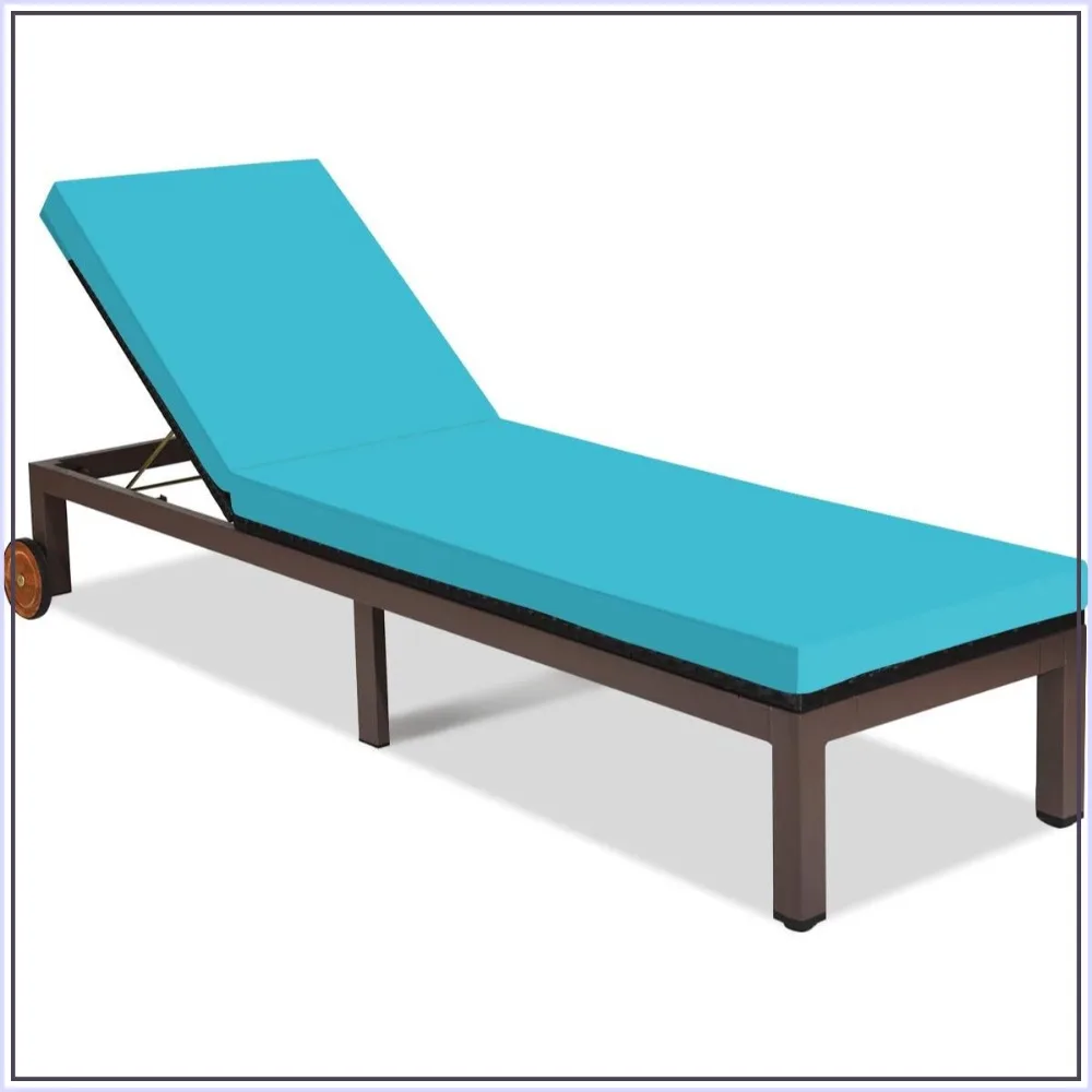 Outdoor Rattan Chaise Lounge Chair with Wheels, 5-Position Adjustable Recliner, Cushioned Seating for Patio Poolside Garden, Turquoise