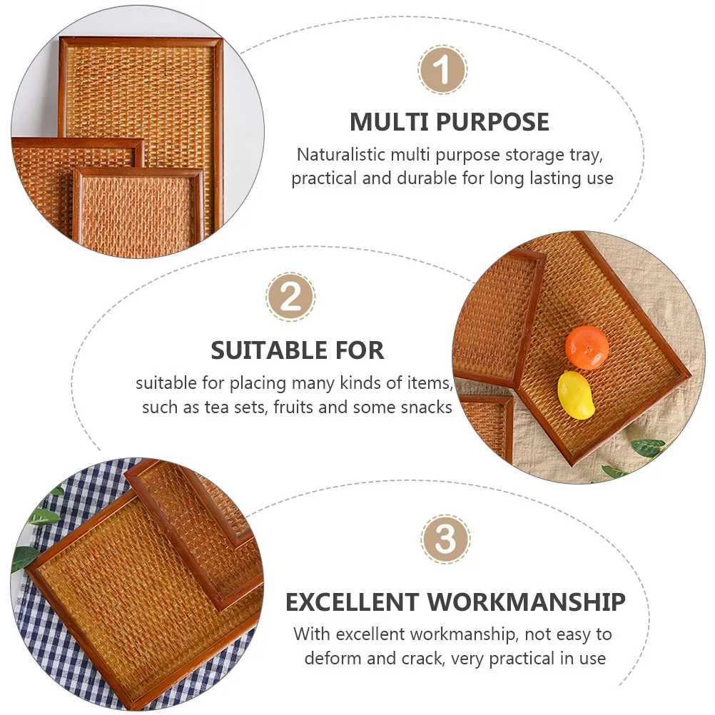 1pc Solid Wood Tea Tray Handcrafted Rattan Woven Plate Natural Multi-Purpose Storage Tray For Tea Sets Fruits Desserts Spa Salon