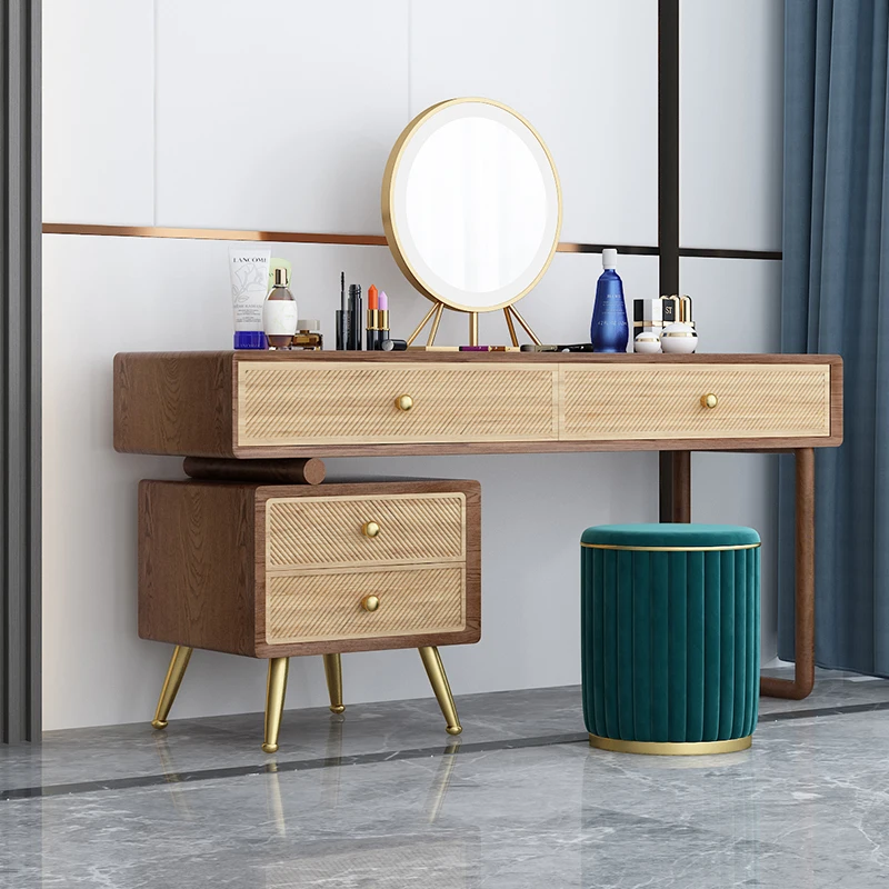 Full solid wood dressing table, small-sized bedroom, multifunctional and extendable makeup table, bay window, long and short leg