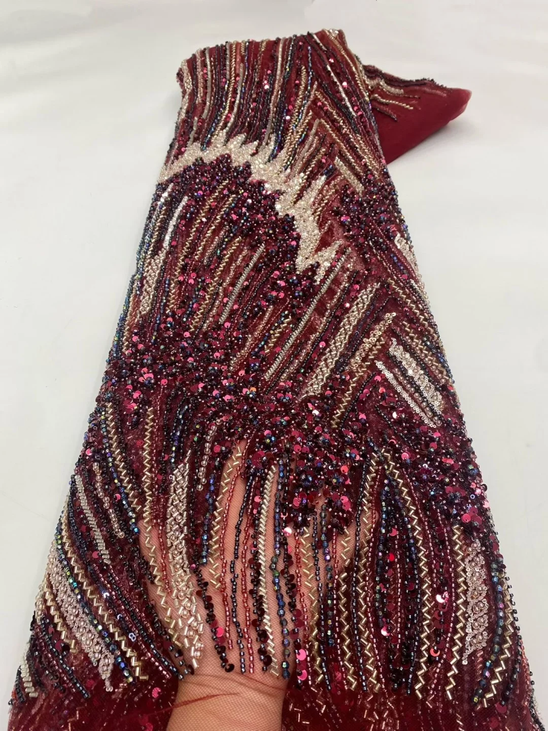 5 yards Burgundy Multicolor Tube Bead Embroidery Lace Fabric, Luxury Vertical Wave Streamline Tulle with Sequins & Crystal Beads
