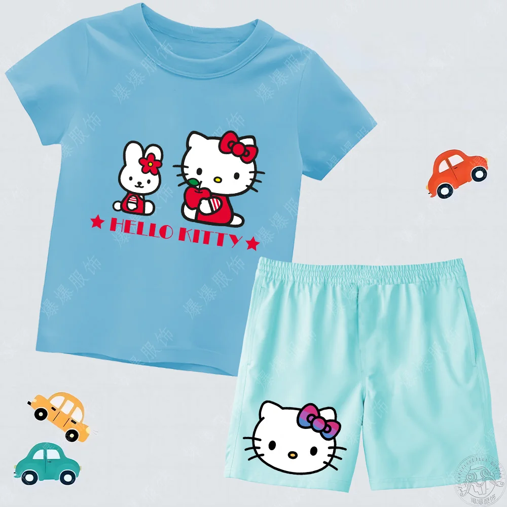 Summer Children's Pure Cotton T-shirt Breathable Top and Shorts Multi color Printed Hello Kitty Clothes Fashion Casual Kids Sets