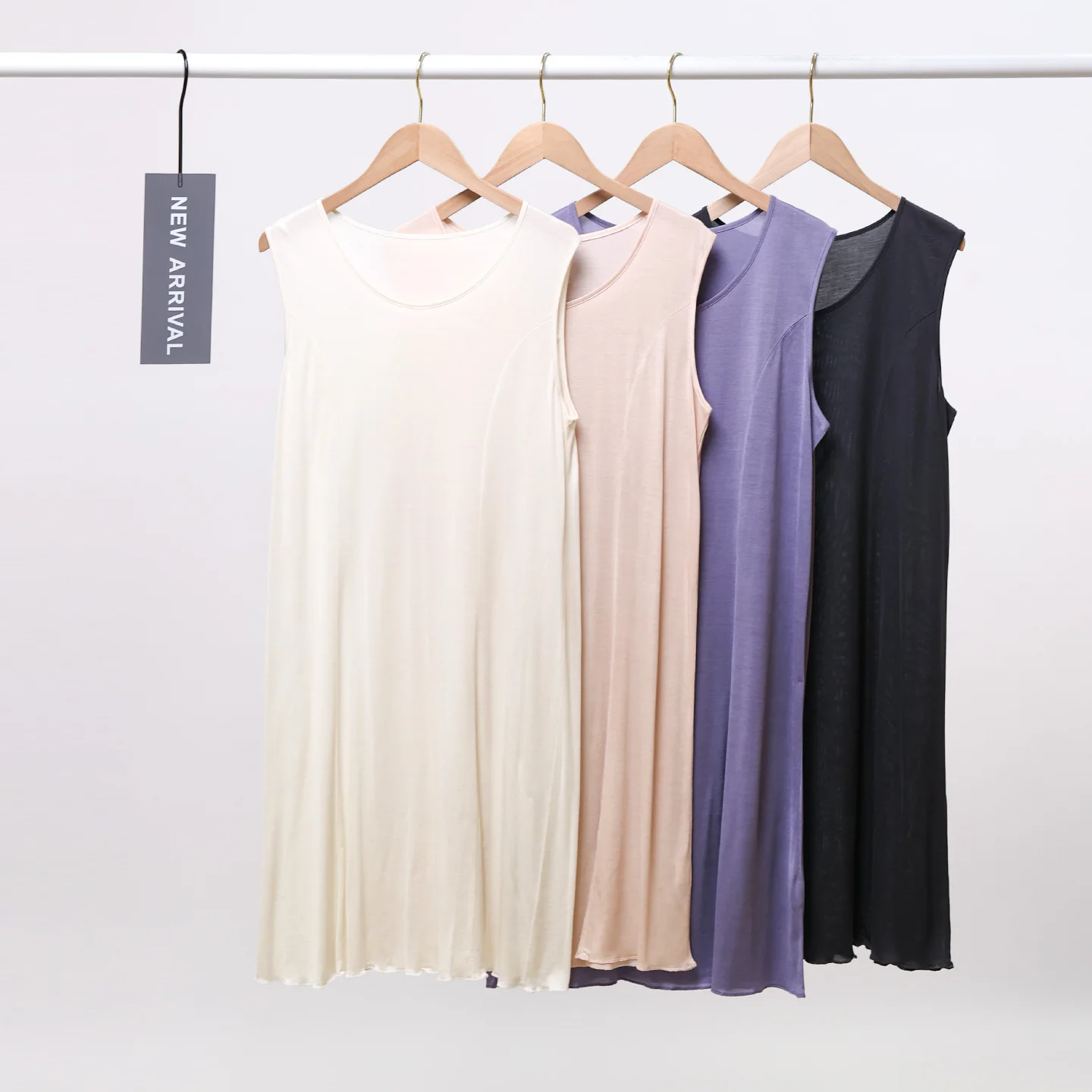 

Loose Silk Knitted Vest Dress Simple Style Pure Color mid Waist A-Line Summer Dress for Middle-Aged Women Home Wear round Neck