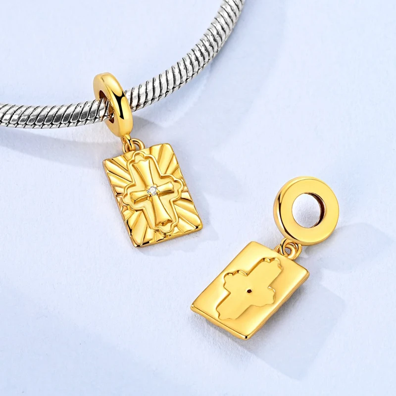

925 Sterling Silver Golden Charms Bead CZ Zircon Cross Plaque Dangle Fit Original Bracelet DIY Women Jewelry Gift