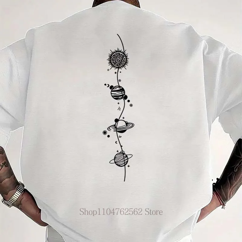 Line Planet Graphic Print T-shirt Men Summer Casual Fashion High Street Minimalist Tops Loose Crew Neck Short Sleeve Cotton Tees