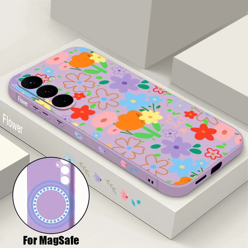 Cute Flowers Pattern Magnetic Phone Case For Samsung Galaxy S26 S25 S24 S23 Ultra Plus S25 S24 S23 FE S22 Lanyard Soft TPU Cover