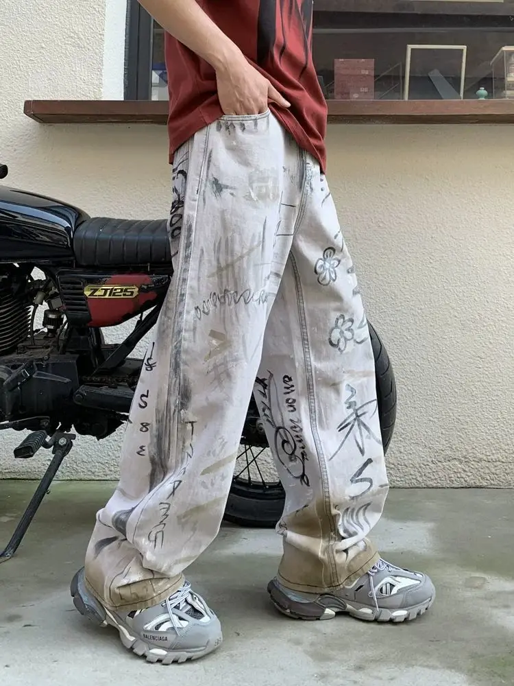 Men's Cartoon Graffiti Pattern Jeans Unisex Retro Sweatpants Street Bottom Cool Boy Casual Pants Male High Waist Trousers