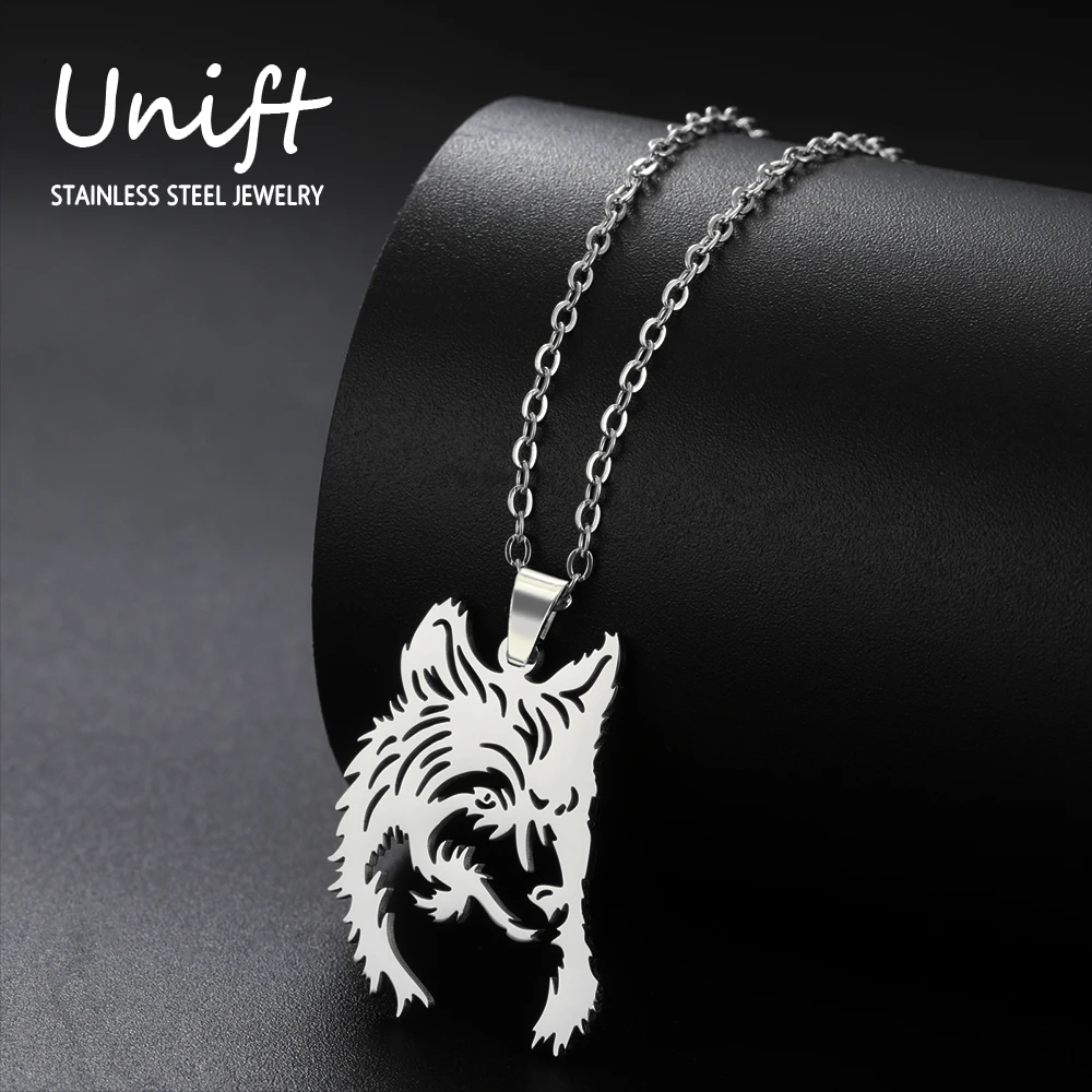 Unift Cutout Furry Wolf Necklaces for Women Boy Stainless Steel Pendant Neck Chain Hip Hop Punk Animal Male Jewelry Party Gift