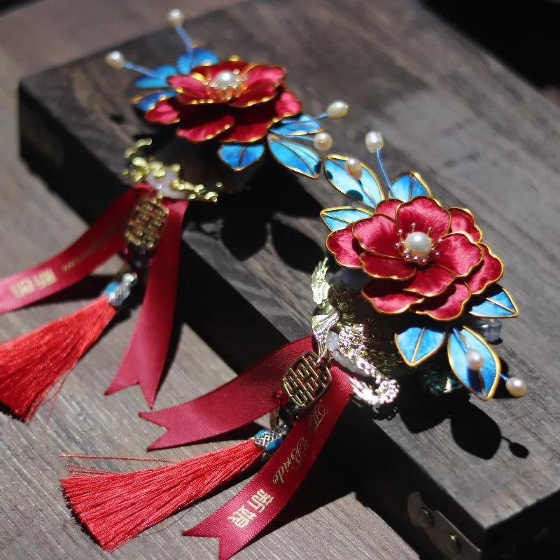Super Heritage Velvet Filigree Silk Corsage Wedding Brooch for Groom Bride Full Set Boutonniere Bridesmaid Groomsman Floral Pin