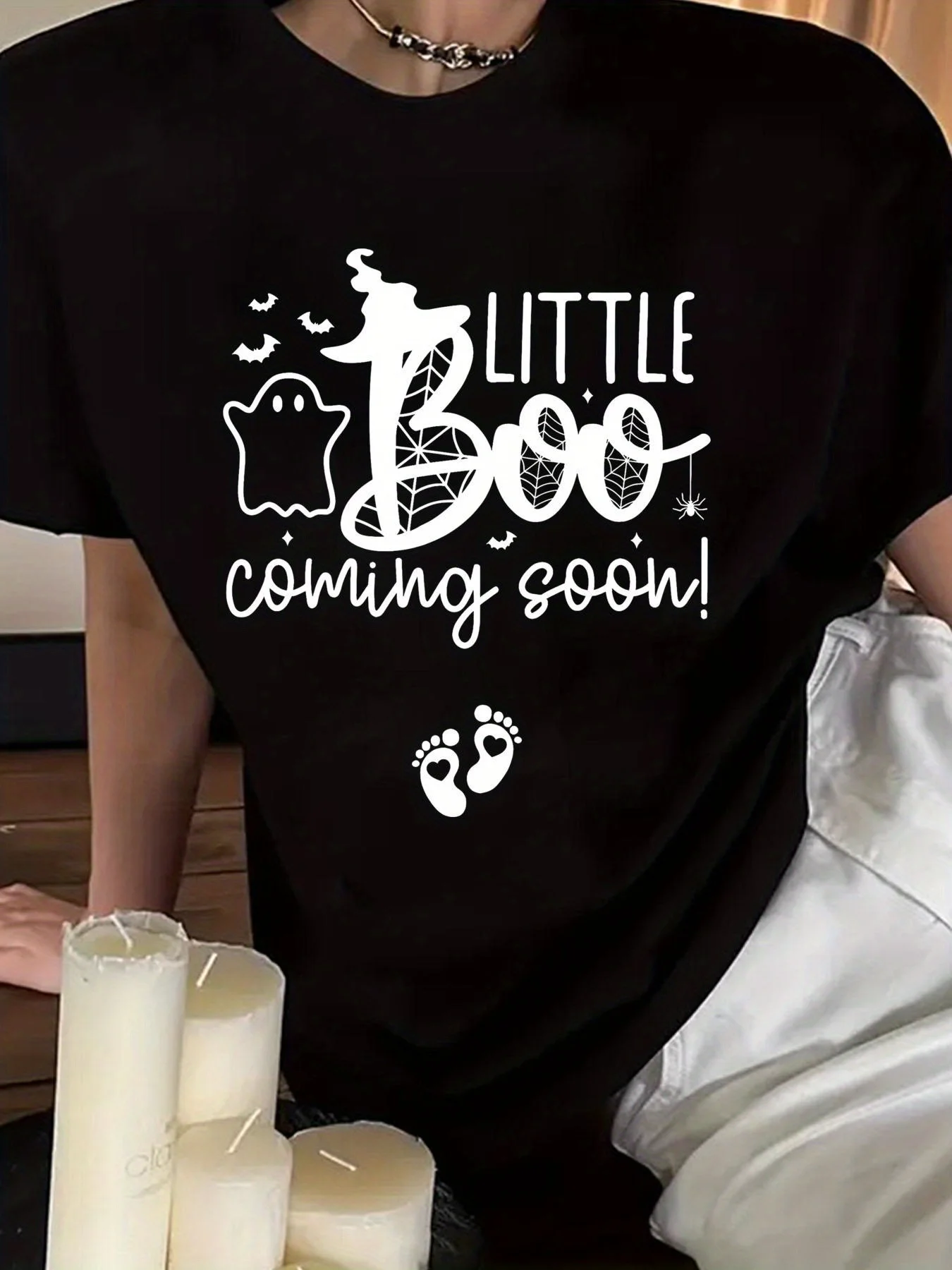 Halloween Pregnancy Announcement Little Boo Coming Soon T-Shirt for Expecting Moms Breathable Short Sleeve Crew Neck Tee