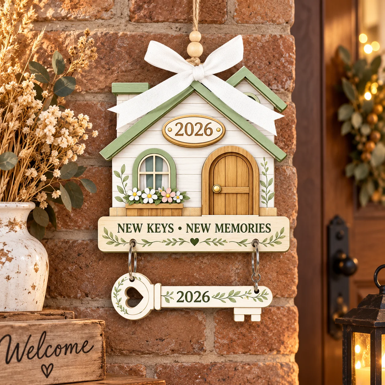 Personalized New Home Wooden Ornament Custom Family Name Year House Key Hanging Decoration First House Christmas Keepsake Gift
